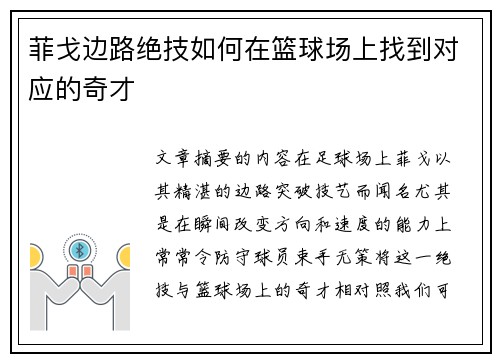 菲戈边路绝技如何在篮球场上找到对应的奇才