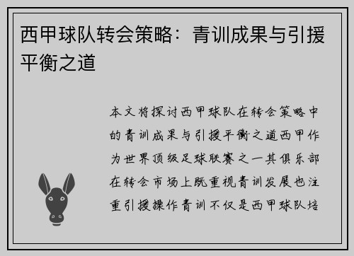 西甲球队转会策略：青训成果与引援平衡之道