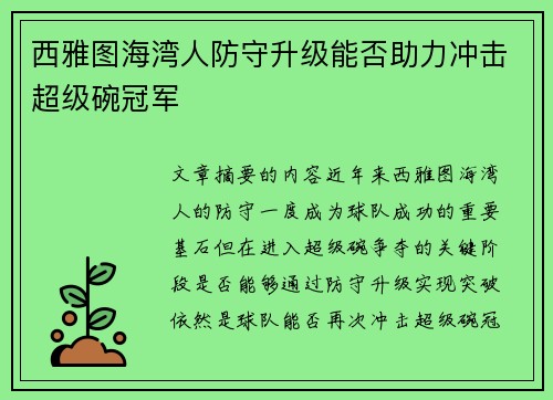 西雅图海湾人防守升级能否助力冲击超级碗冠军